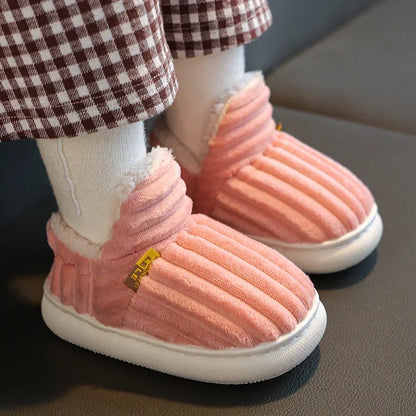 Kids' Striped Plush Slippers – Warm Non-Slip Heel-Wrap House Shoes