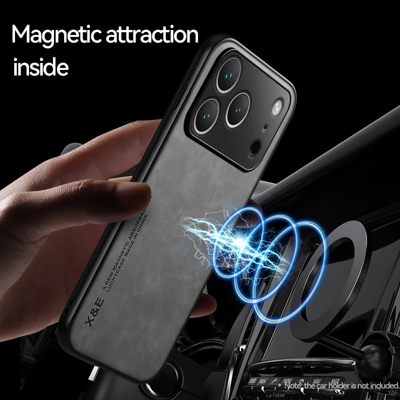 Luxury Leather Case For iPhone 17 18 16 15 14 13 12 11 Pro Max Plus 13 12 Mini Air 16E Cover With Metal Plate Support Car Hold