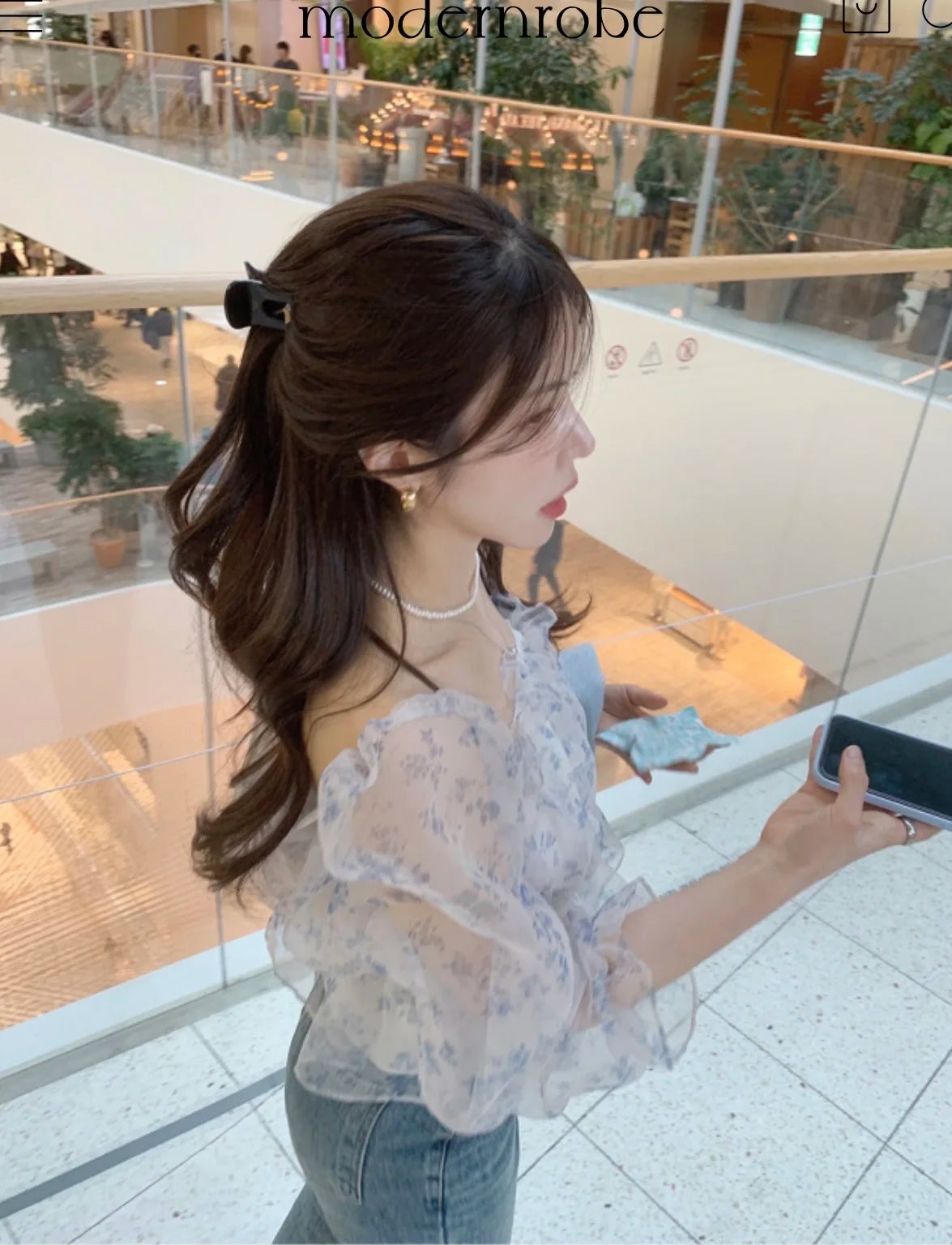Chic Spring Women's Blouse Gentle Shoulder Bared Floral Bubble Sleeve Chiffon Top Korean Style Loose Fit Long Sleeve Short Le...