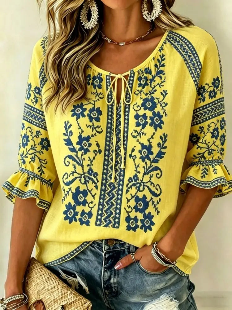 Women's Pink Floral Embroidered Tie Neck Blouse, Casual Loose Tops for Spring Summer Daily Wear & Vacation Occasions