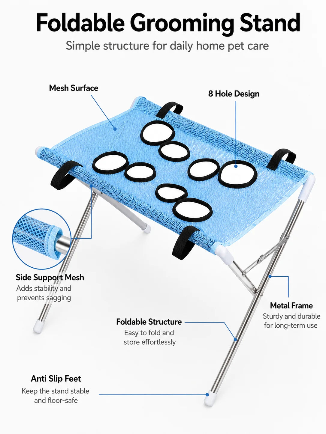 طاولة تصفيف الحيوانات الأليفة قابلة للطي 60 سم للكلاب والقطط، حامل أرجوحة تصفيف مع فتحات متعددة وقماش شبكي لمساعدتك في قص الأظافر والاستحمام.