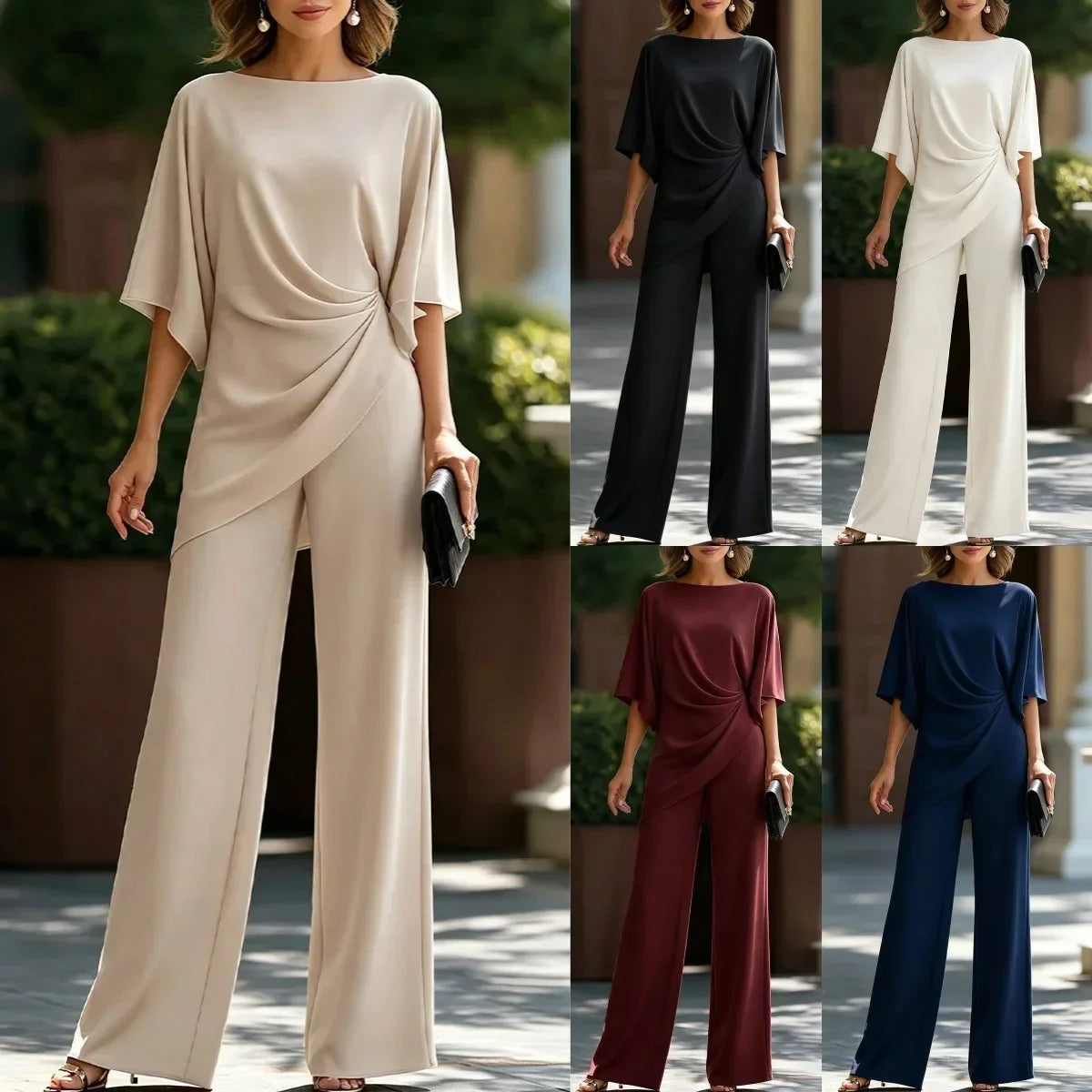 Women's Twist-Waist Two-Piece Set – Cape-Sleeve Top & Wide-Leg Pants