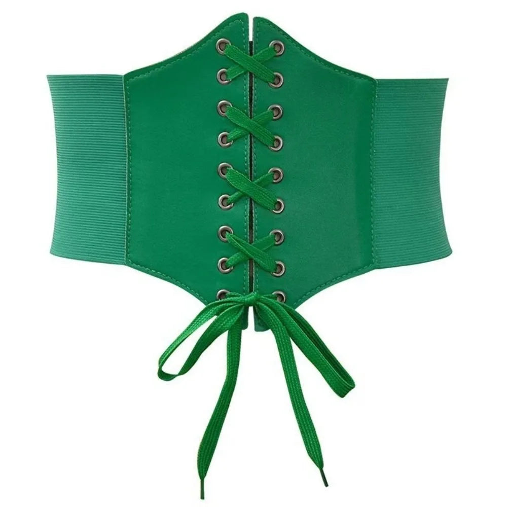 Women's Wide Elastic Corset Belt – Faux Leather Lace-Up Waist Belt