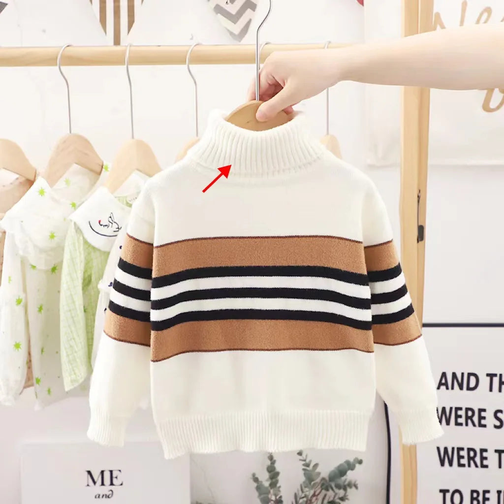 Boys' Striped High Collar Knit Sweater - Full Sleeve Winter Knitwear, Ages 2-6