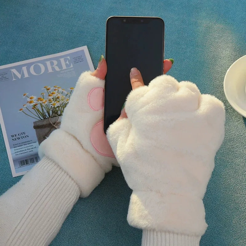 Women's Plush Cat Paw Fingerless Gloves