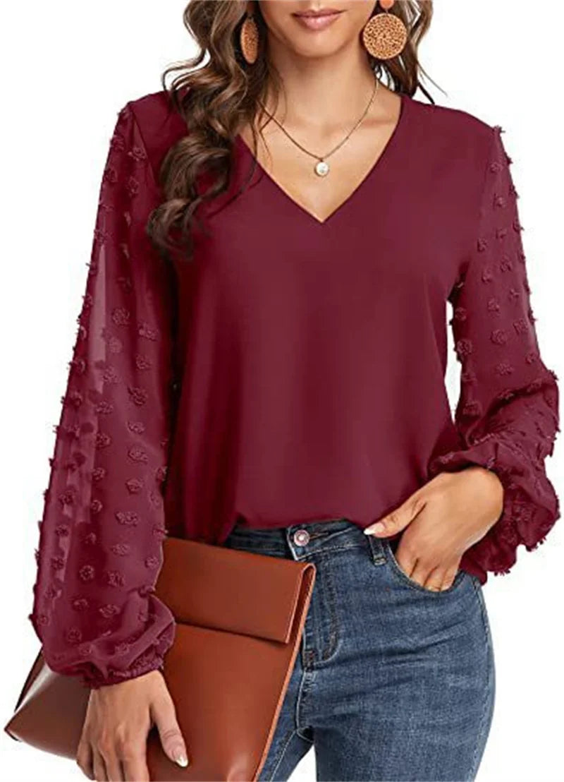 Elegant Chiffon Splicing Bubble Sleeve Blouse Female British Style Comfortable Commuter Shirt Women's V Neck Pullover Loose Tops