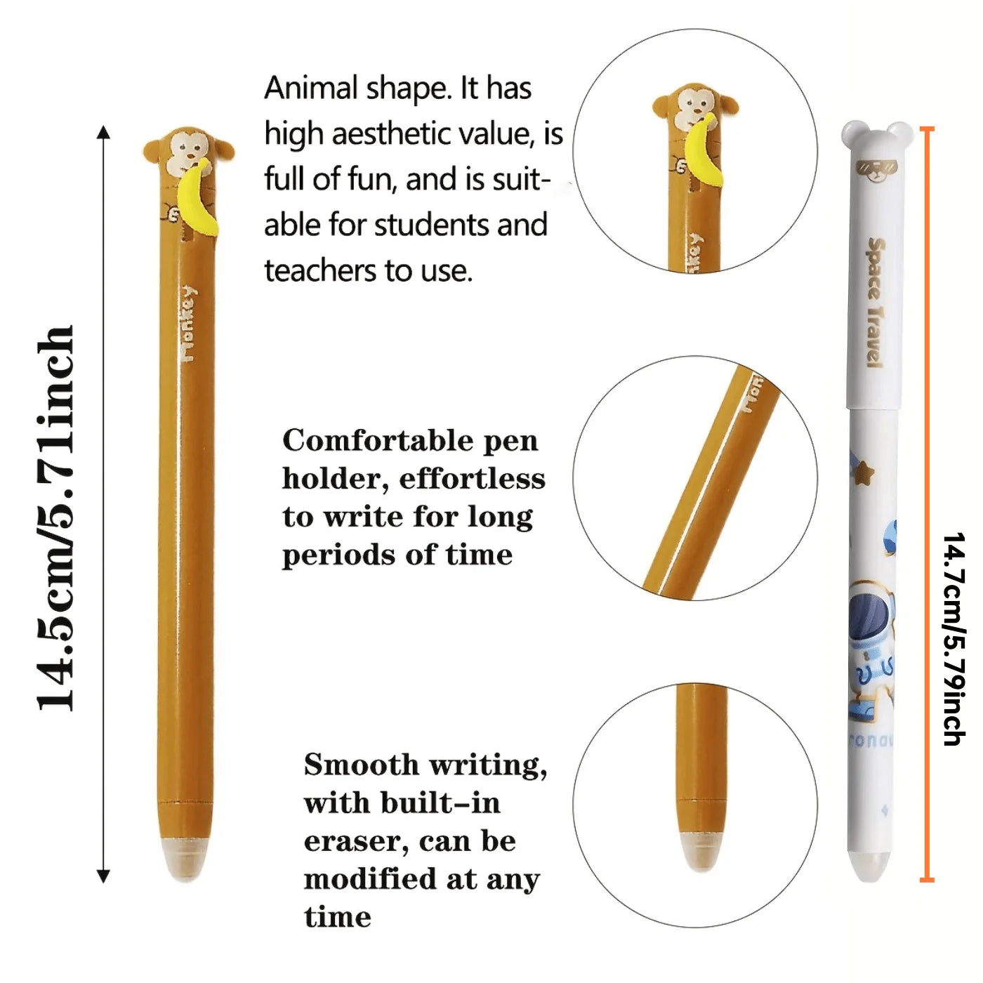 6pcs Animal-shaped Erasable Gel Pen Set, 0.7mm Fine Tip, Blue Ink, Built-in Eraser, Ideal for Note-taking and Writing,Side press