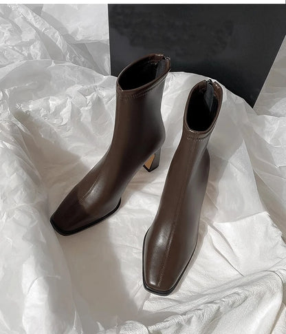 Botines de mujer con punta cuadrada, cremallera y tacón de bloque