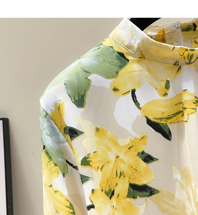 Yellow Floral Printing Chiffon Stand Collar Lantern Sleeve Pullover Women's Blouse Shirt Casual Female Clothing Tops Fashion