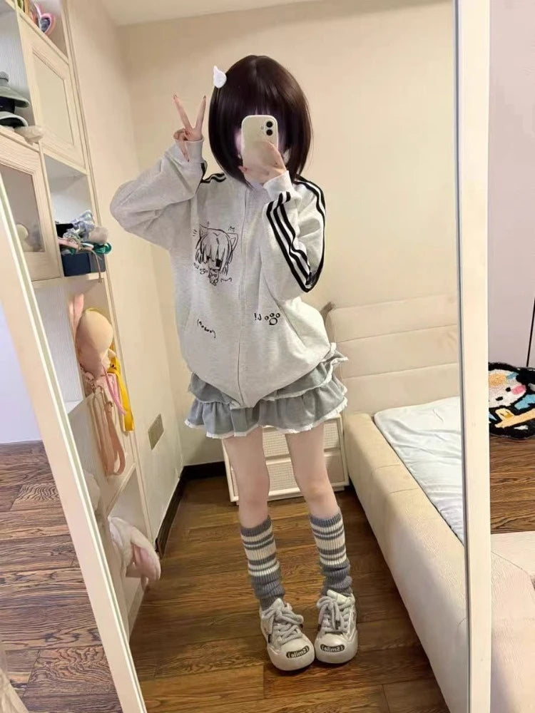Japanese Subculture Sweet Sweatshirt Women Autumn Winter Long Sleeve Cartoon High Collar Jackets Casual Fashion Cute Outerwear