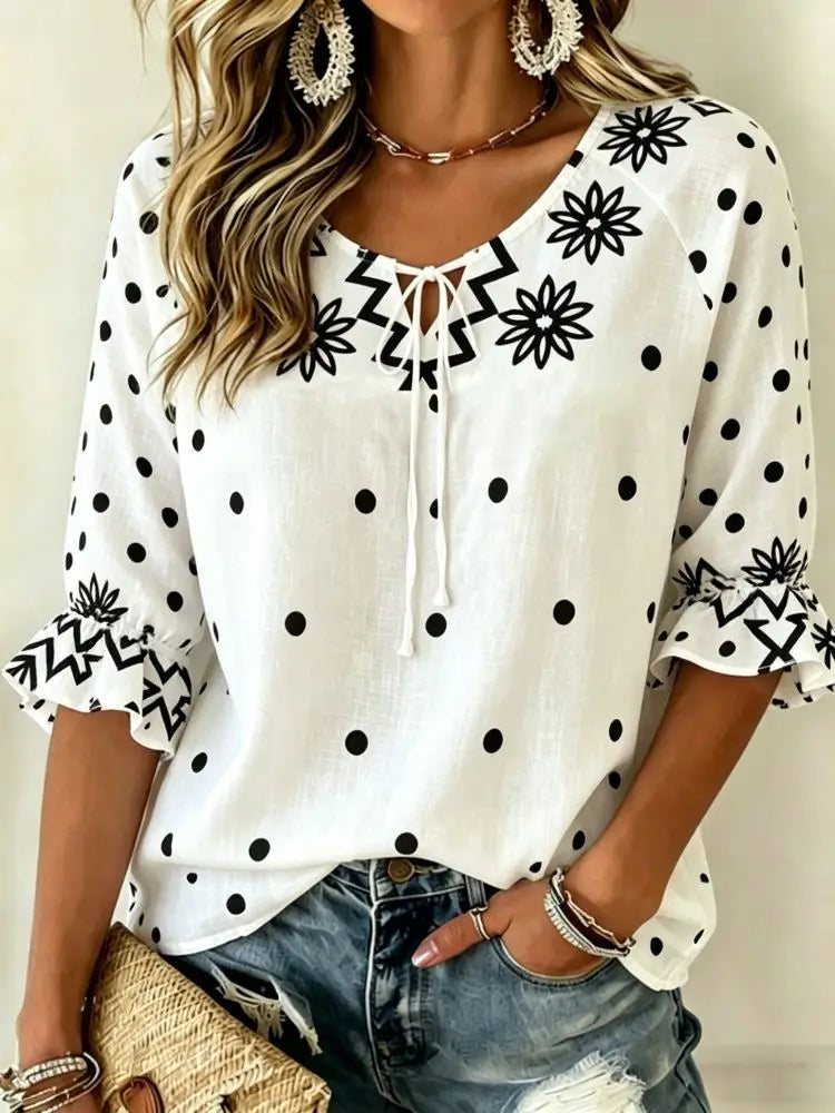 Women's Red & White Floral Embroidered Tie Neck Blouse, Casual Loose Tops for Spring Summer Daily Wear & Vacation Occasions