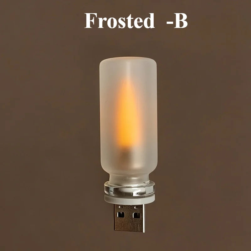 USB Flame Flickering LED Frosted Clear Glass Candle Night Light Simulated Flame for Car Home Room Laptop PC Festival Decoration
