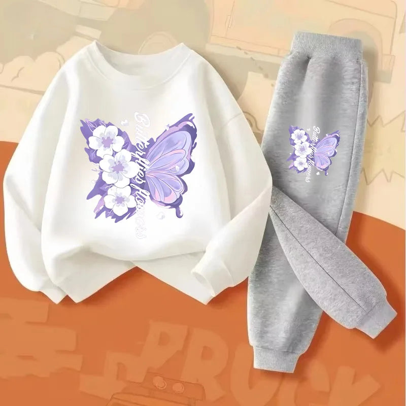 Girls' Butterfly Print Hoodie & Pants Set - 2-Piece Spring Tracksuit, Sizes 100-150
