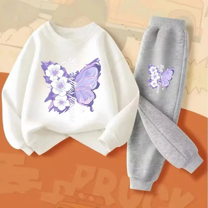Mädchen-Set aus Kapuzenpullover und Hose mit Schmetterlingsdruck – 2-teiliger Frühlings-Trainingsanzug, Größen 100–150