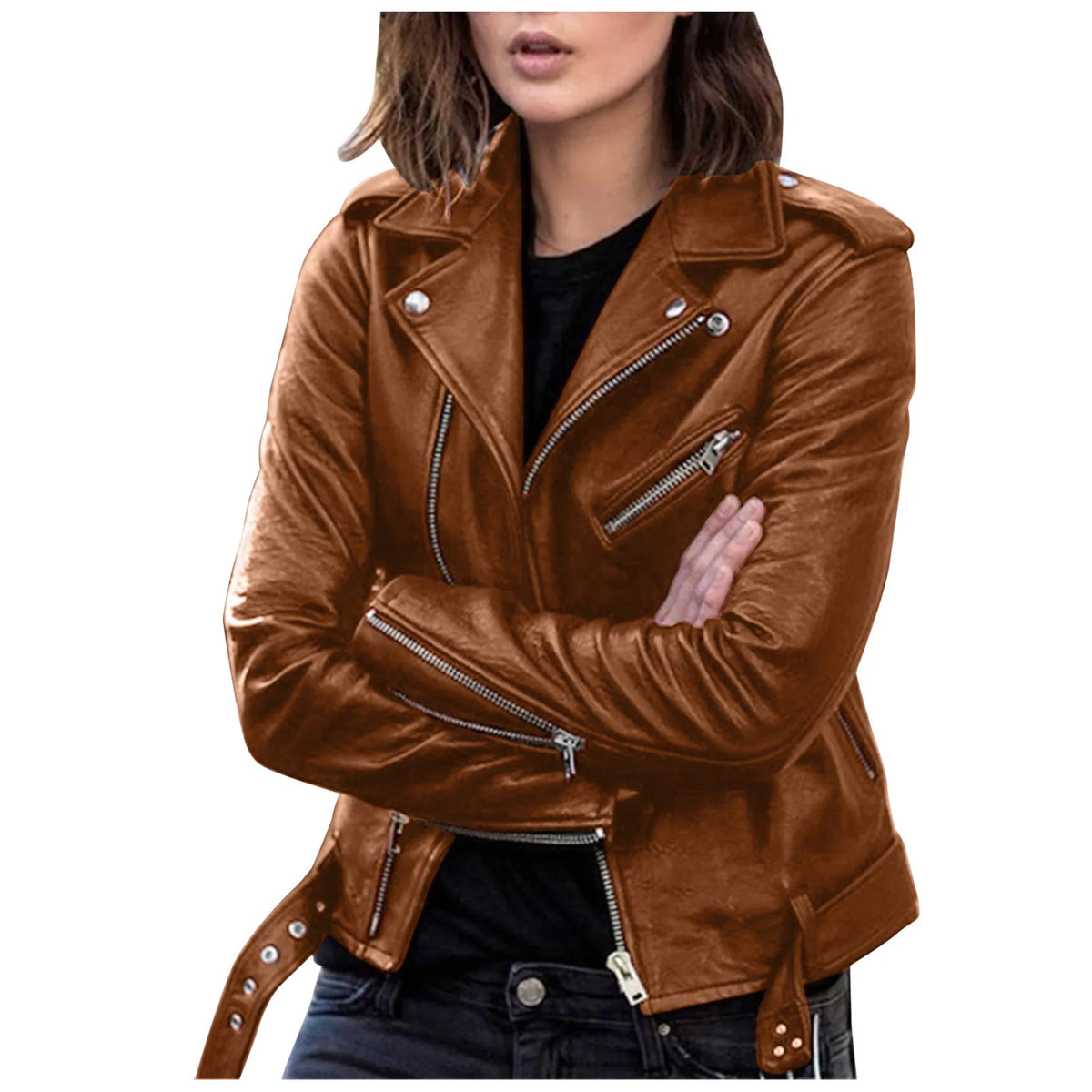 Autumn Women Plus Size PU Leather Jackets Slim Zipper Up Moto Biker Bomber Jacket Winter Belted Retro Women Short Coats S-5XL