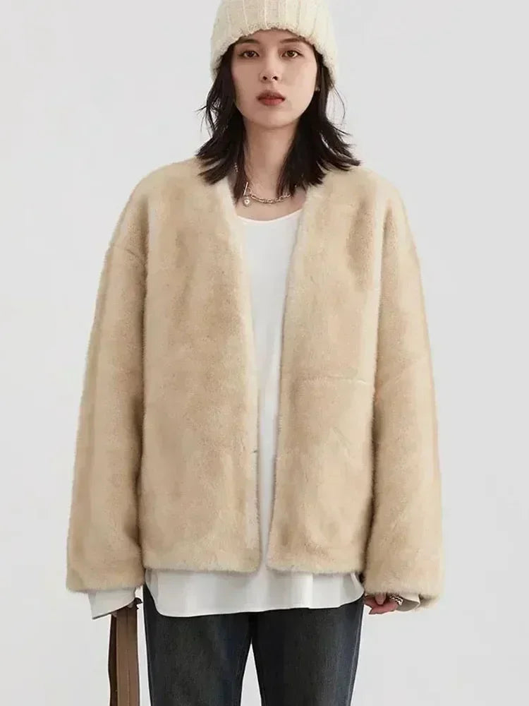 CHIC VEN Women's Jacket Loose Casual Solid Overcoat New Female Plush Coat V-neck Woman Outerwear Autumn Winter 2026