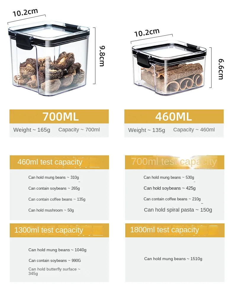 Sealed Kitchen Storage Jars Set – Airtight Plastic Canisters for Grain, Spices & Pantry (460ml–1800ml)