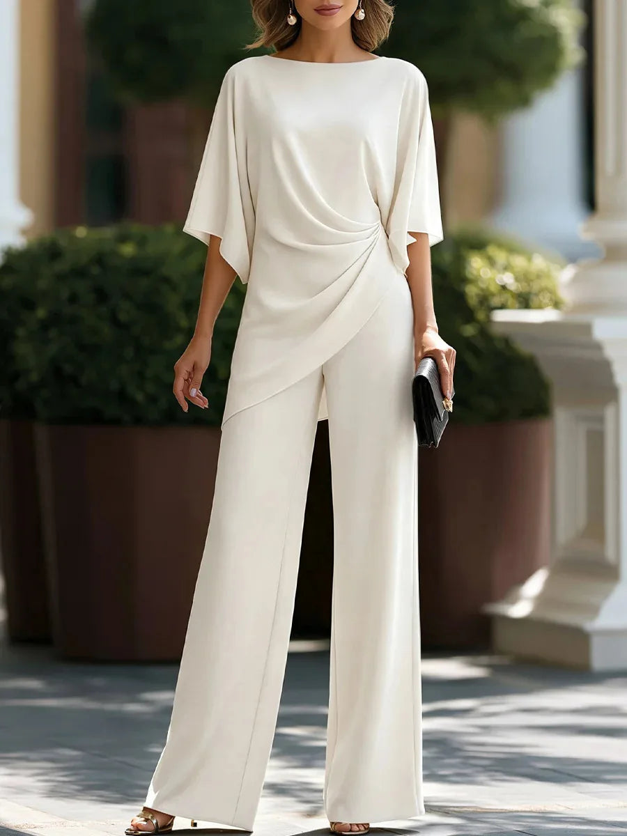 Women's Twist-Waist Two-Piece Set – Cape-Sleeve Top & Wide-Leg Pants