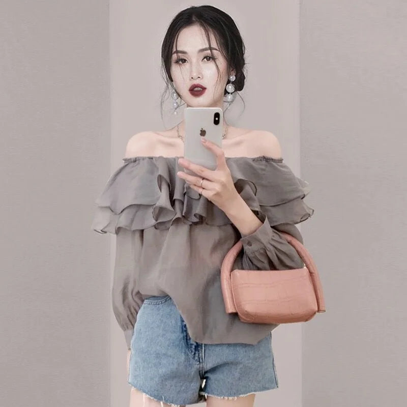 2026 Korean Elegant Sweet Lyocell Blouse Fashion Autumn Off Shoulder Ruffle Slash Neck Long Sleeve Shirt Plus Size Spring Tops