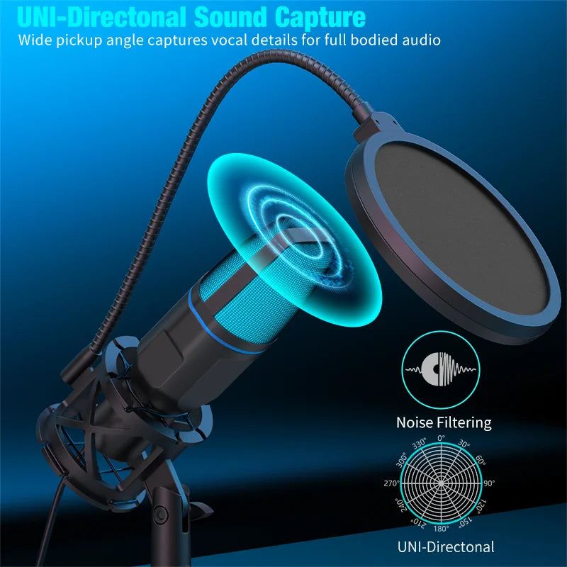 ميكروفون مكثف بمنفذ USB وإضاءة RGB - ميكروفون سهل التوصيل والتشغيل للبودكاست والألعاب