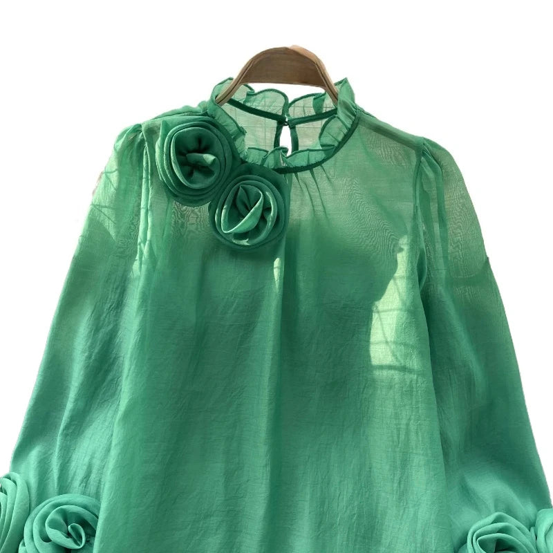 Women's Magenta Sheer Chiffon Blouse 3D Floral Appliqué Ruffled Mock Neck Puff Long Sleeve Loose Casual Summer Daily Party Top