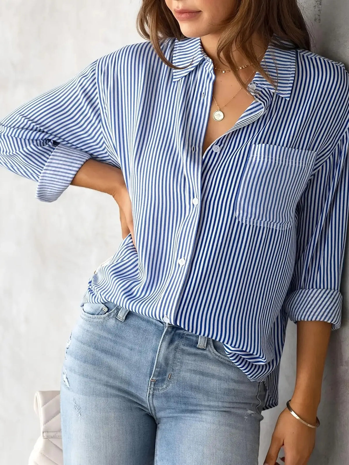 Women Long Sleeve Striped Loose Shirt Office Lady Elegant Turn Down Collar Harajuku Blouse Casual Lapel Tops Female Clothes