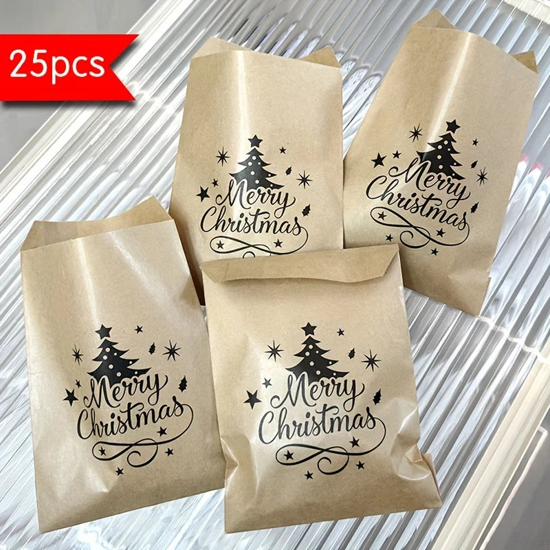 Sacs cadeaux de Noël en papier kraft – Lot de 25, 13 × 18 cm