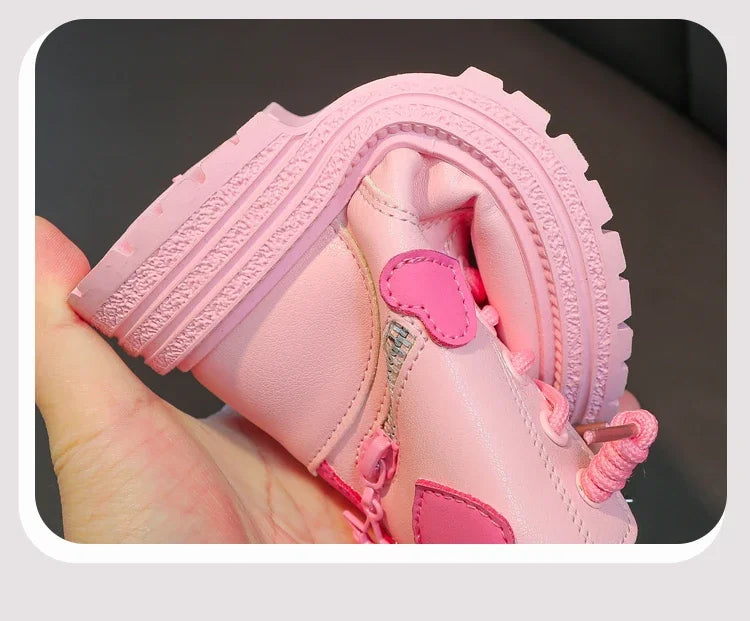 Black/pink Girls Leather Boots Velvet with Anti Slip Low Cut Side Zipper Winter Outdoor Girls Fashion Single Boot