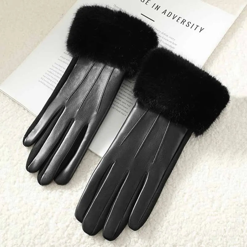 Women's Faux Leather Gloves with Faux Fur Cuff – Touchscreen