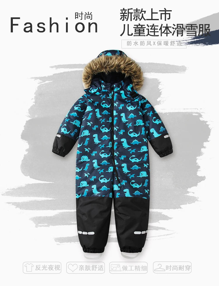 Baby Boys One-Piece Ski Suits Children's Snowboarding Fur Hooded Thick Windproof Warm Skiing Sports Clothes for Winter