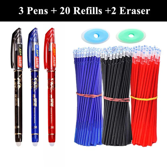 Erasable Gel Pen Set – 3 Pens, 20 Refills & 2 Erasers for Students, School & Office Writing