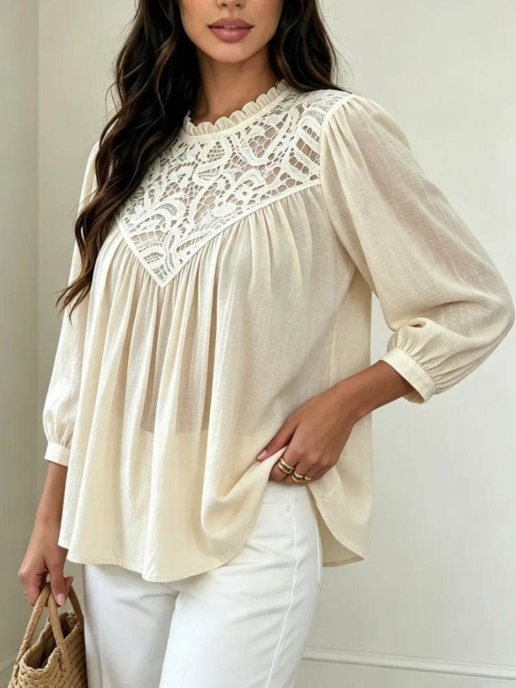 Mori New Chic Women Spring Autumn Lace Spliced Chiffon Blouse Ruffle Neck Lantern Long Sleeve Loose Fit Elegant Daily Tops