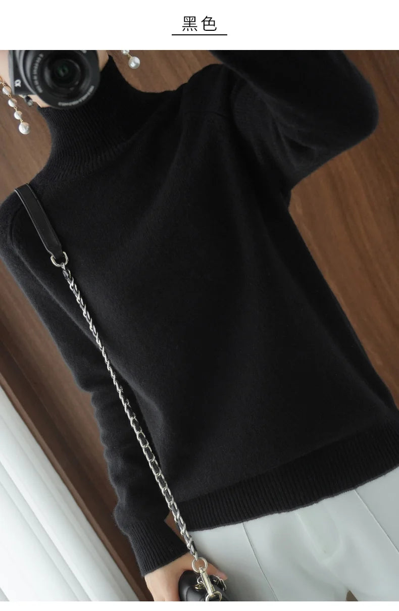 Fashion Basic Autumn Winter Merino Wool Sweater Mock Neck Cashmere Pullover Solid Color Soft Long Sleeve Basic Clothing Tops