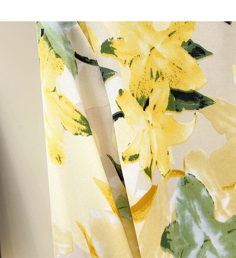 Yellow Floral Printing Chiffon Stand Collar Lantern Sleeve Pullover Women's Blouse Shirt Casual Female Clothing Tops Fashion