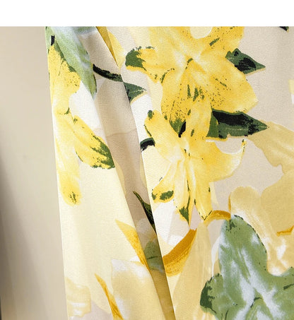 Blusa Gialla in Chiffon a Fantasia Floreale con Maniche a Lanterna