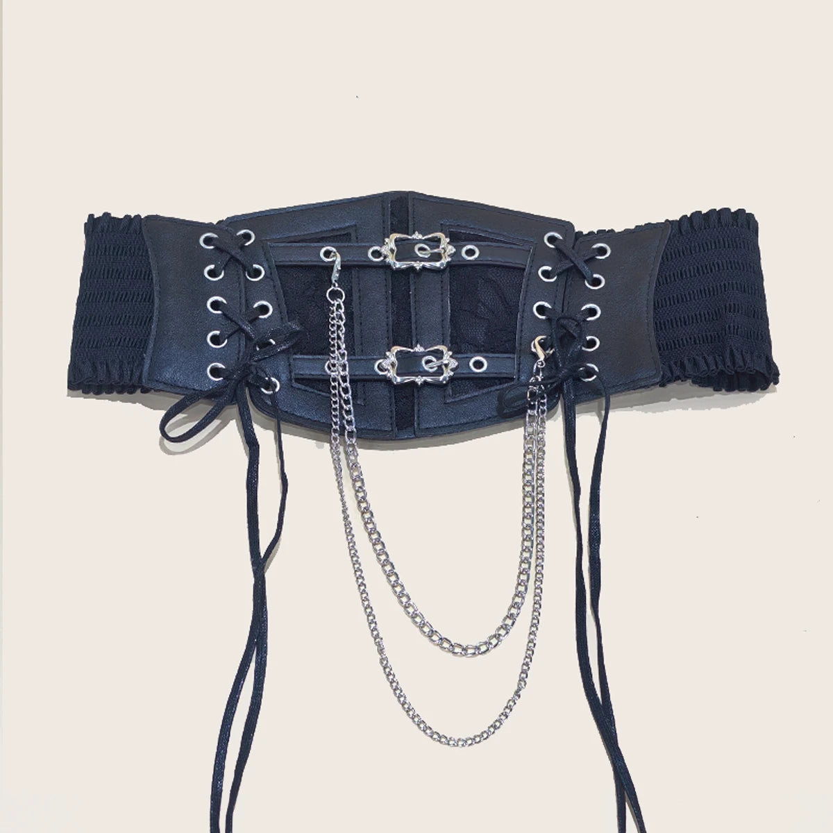 Lace-Up Corset Belt with Chain – Wide Faux Leather Waist Belt