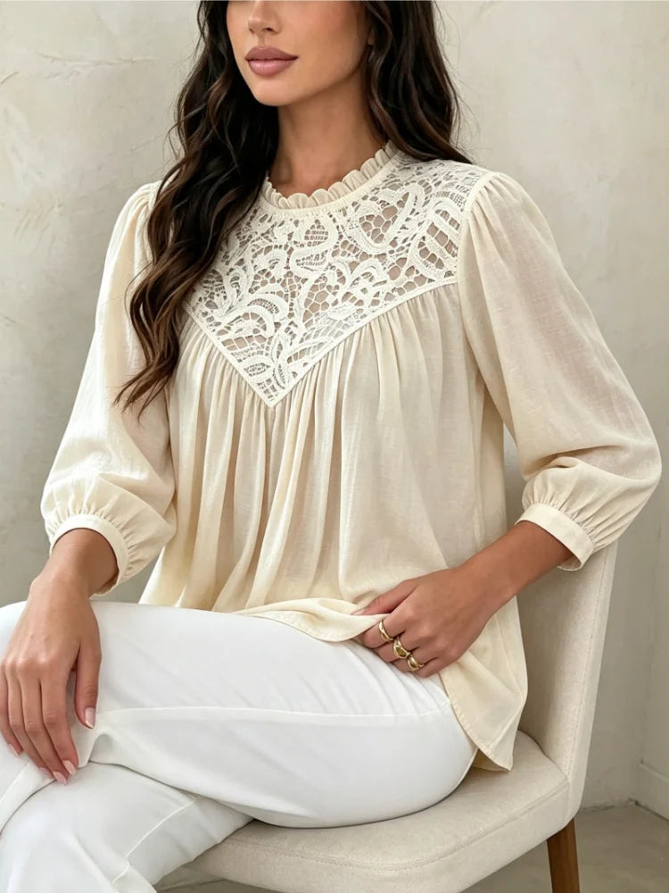 Mori New Chic Women Spring Autumn Lace Spliced Chiffon Blouse Ruffle Neck Lantern Long Sleeve Loose Fit Elegant Daily Tops