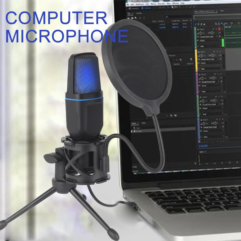 ميكروفون مكثف بمنفذ USB وإضاءة RGB - ميكروفون سهل التوصيل والتشغيل للبودكاست والألعاب