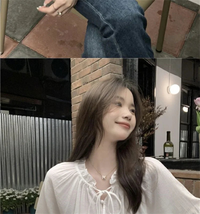 French Solid Color Leisure Women Sweet Solid Color V-neck Ruffled Edge Pullover Shirt Female Loose Fitting Lantern Sleeve Blouse