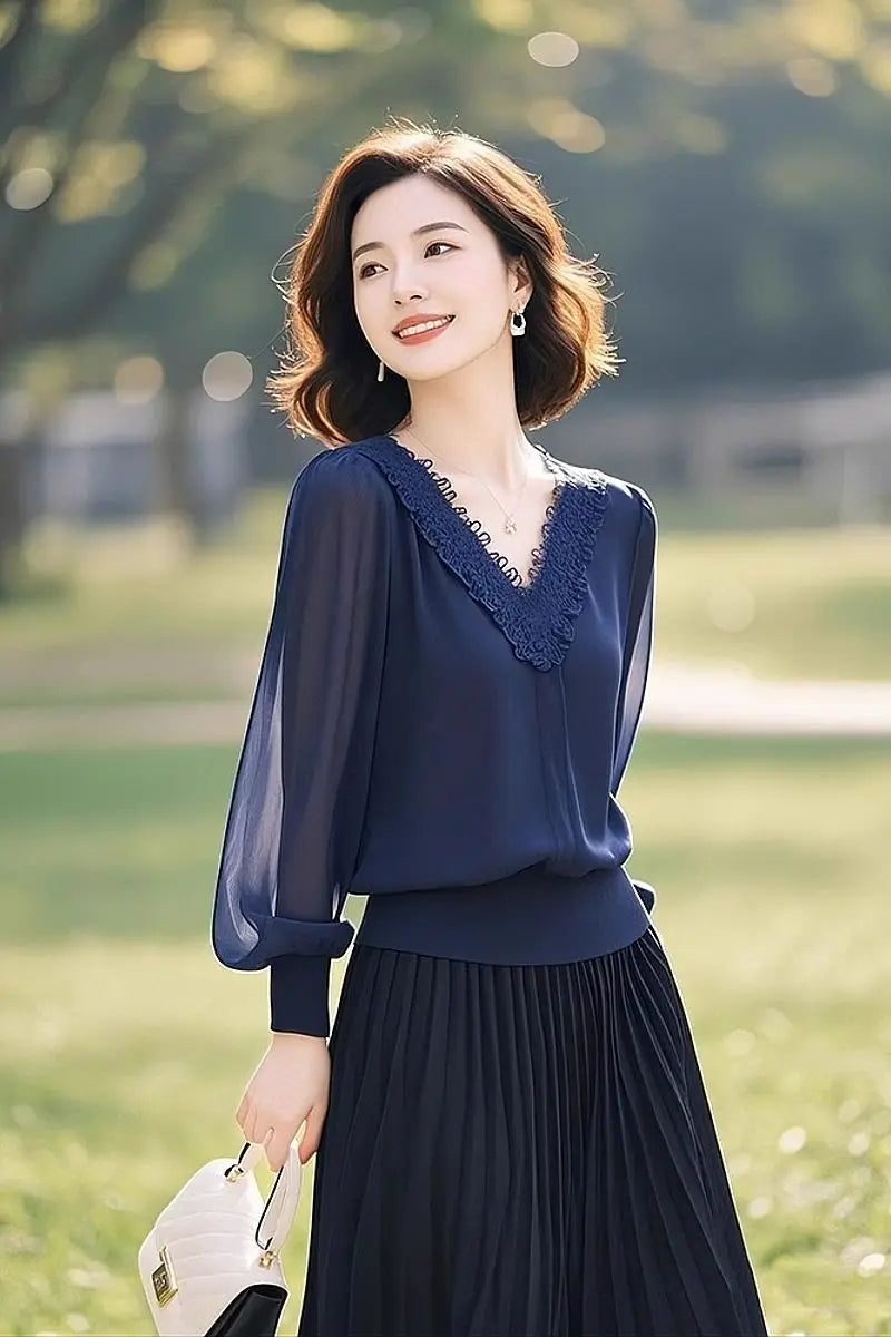 Spring Autumn Office Lady Lace Patchwork Solid Color V-neck Long Sleeve Shirts Female Fashion Net Yarn Lantern Sleeve Blouse