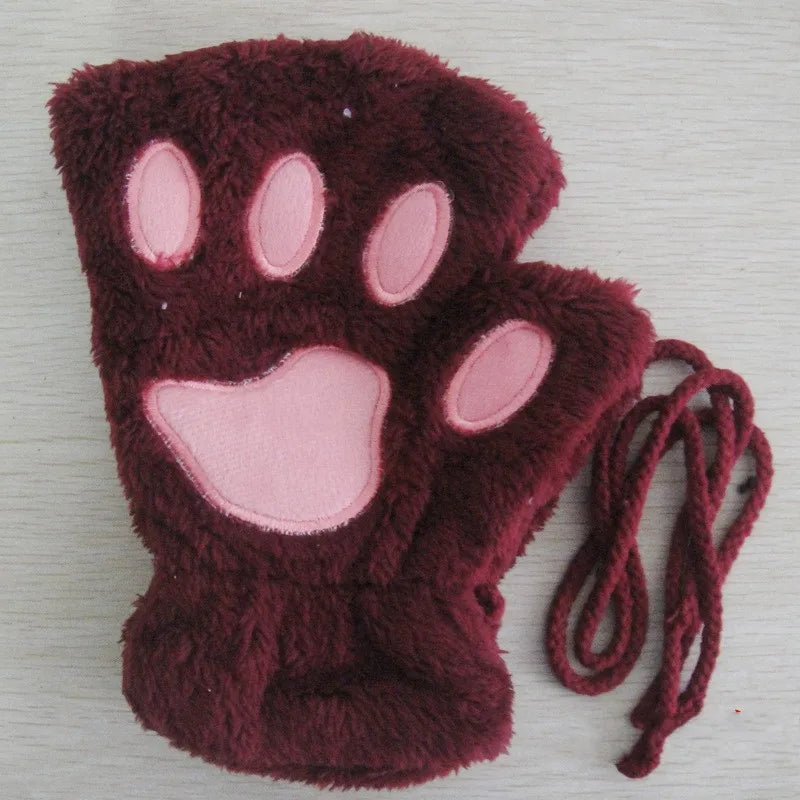 Women's Plush Cat Paw Fingerless Gloves