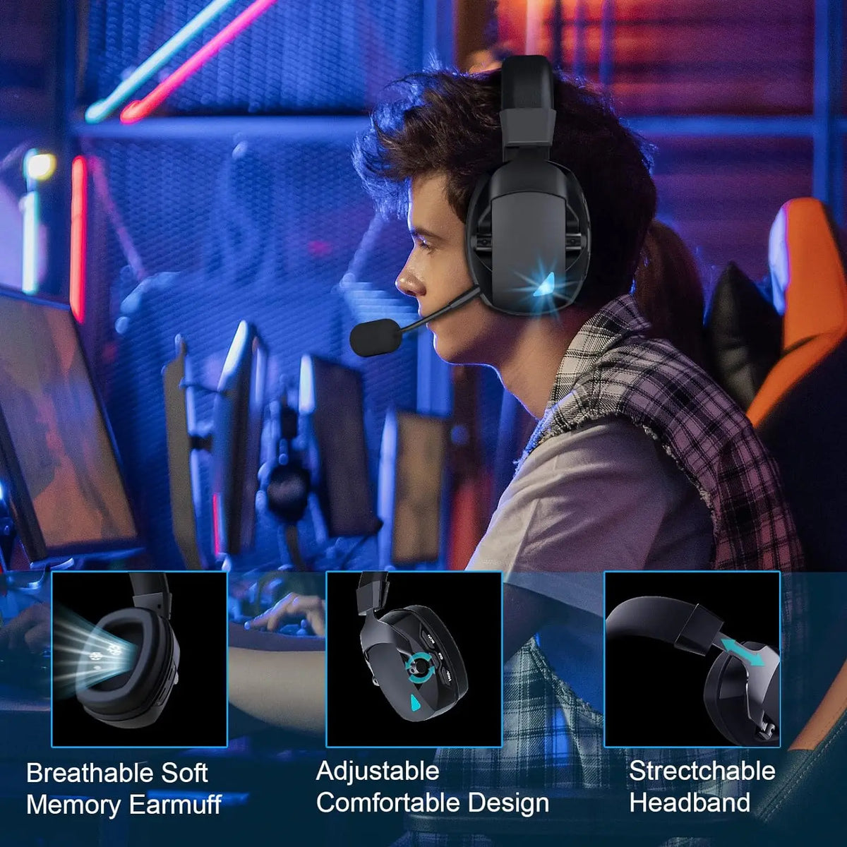 3-Mode Wireless Gaming Headset – 2.4G, Bluetooth & 3.5mm with Detachable Noise-Cancelling Mic