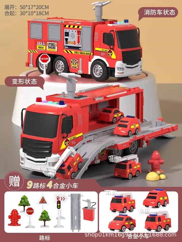Alloy Fire Truck Toy with Extending Ladder – Transforming Rescue Truck
