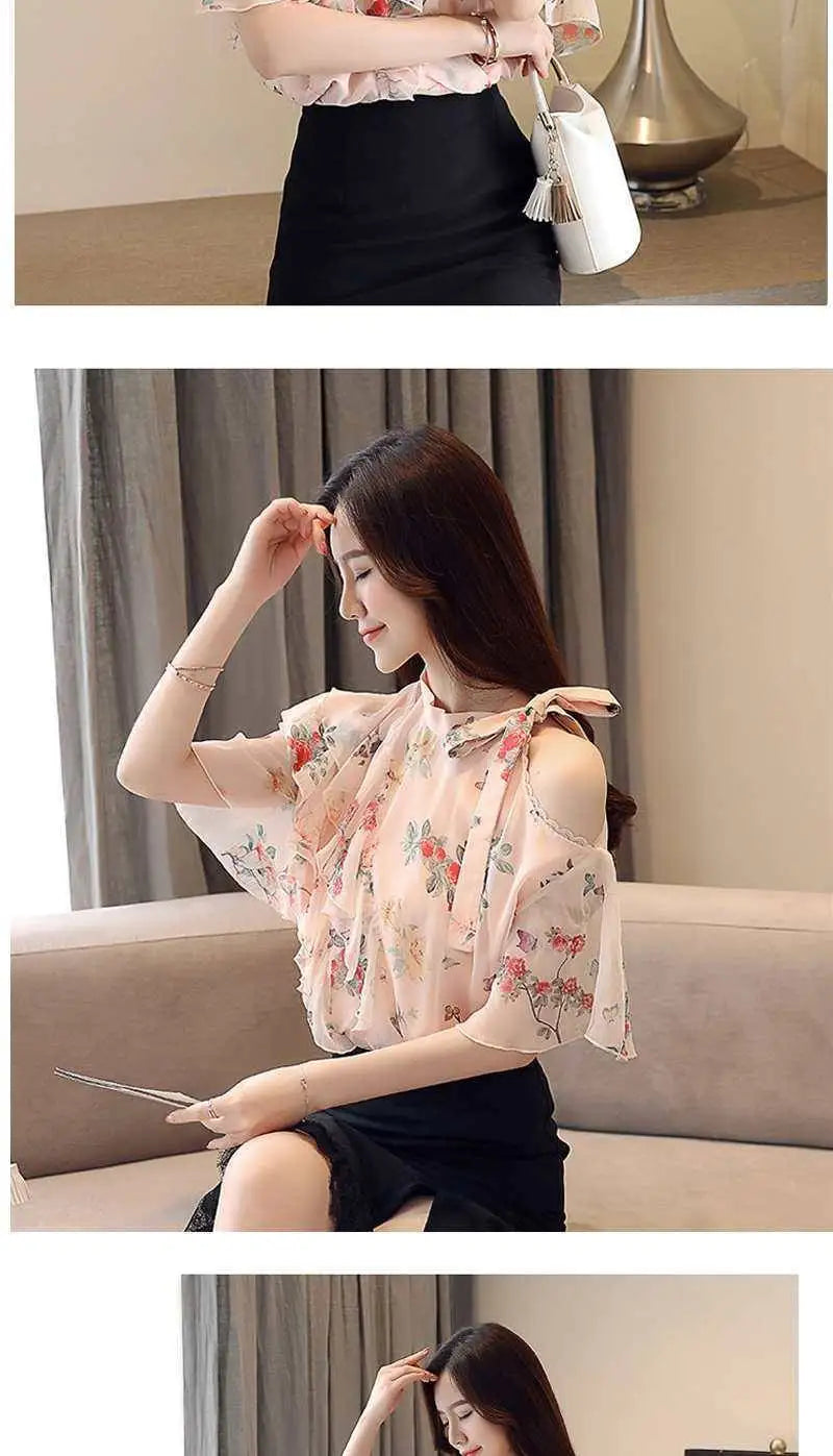Chiffon Female Tops Floral with Puffy Sleeves Women's Shirt Blouse Modern Long Tall Elegant Luxury Korean Popular Clothes Pretty