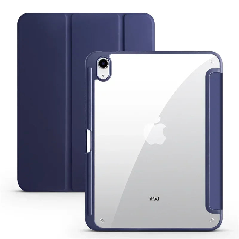 Navy blue tablet case with clear back on a white background