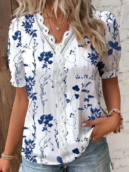 Top in jacquard con scollo a V e dettagli in pizzo