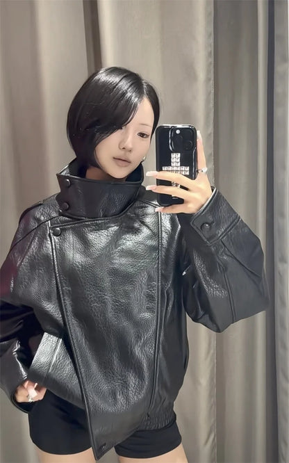 Chaqueta de cuero sintético con cremallera para mujer Guobioziy