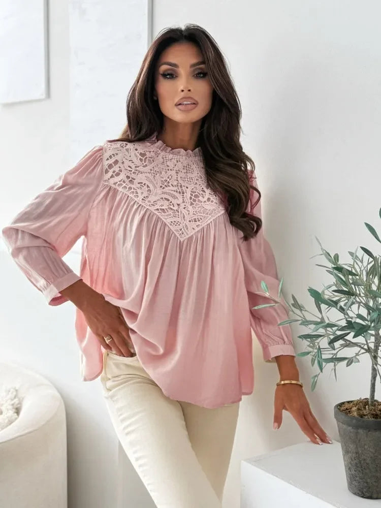 Mori New Chic Women Spring Autumn Lace Spliced Chiffon Blouse Ruffle Neck Lantern Long Sleeve Loose Fit Elegant Daily Tops