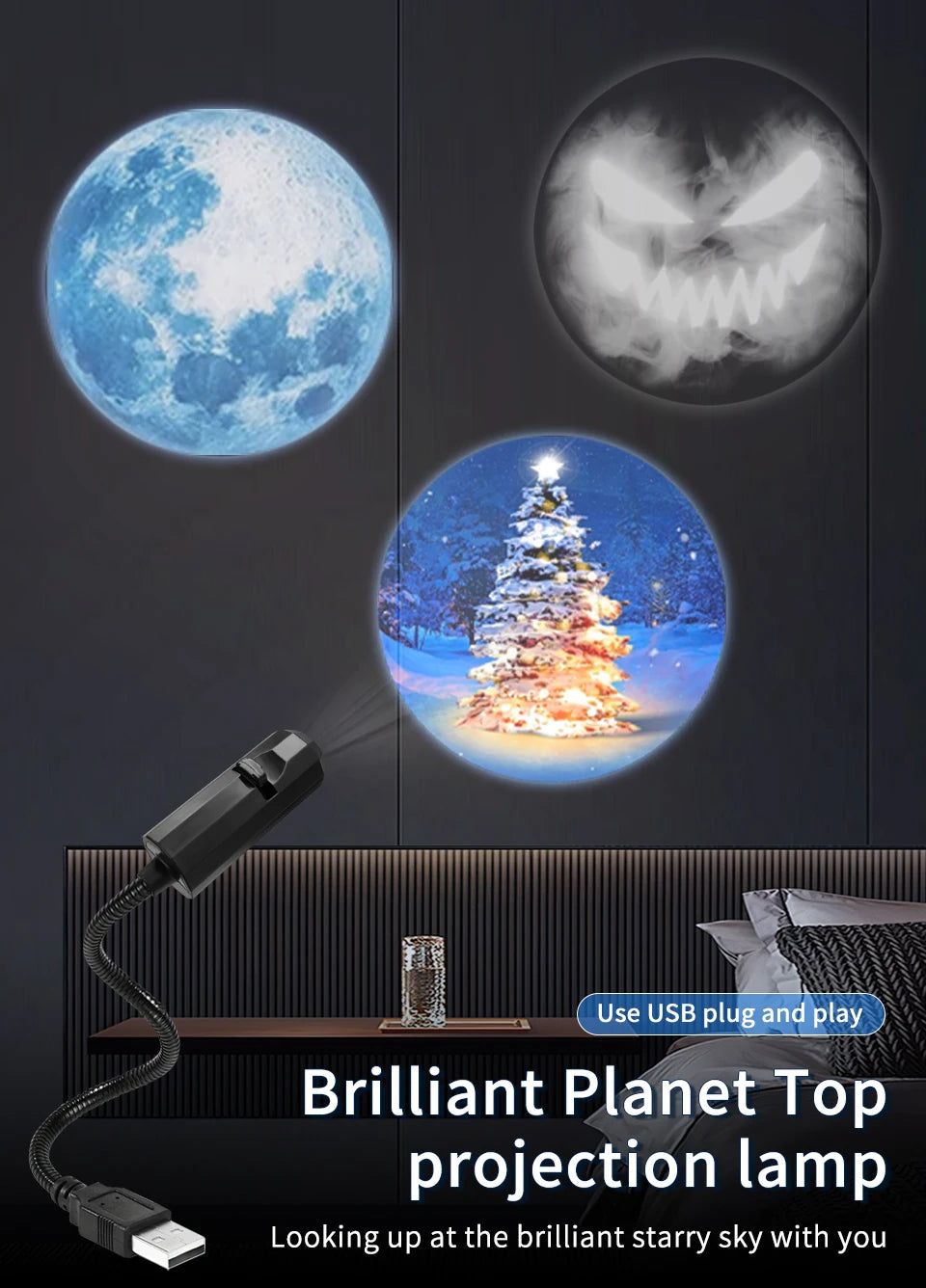 USB Projector Night Light – Christmas, Halloween & Planet Film Discs