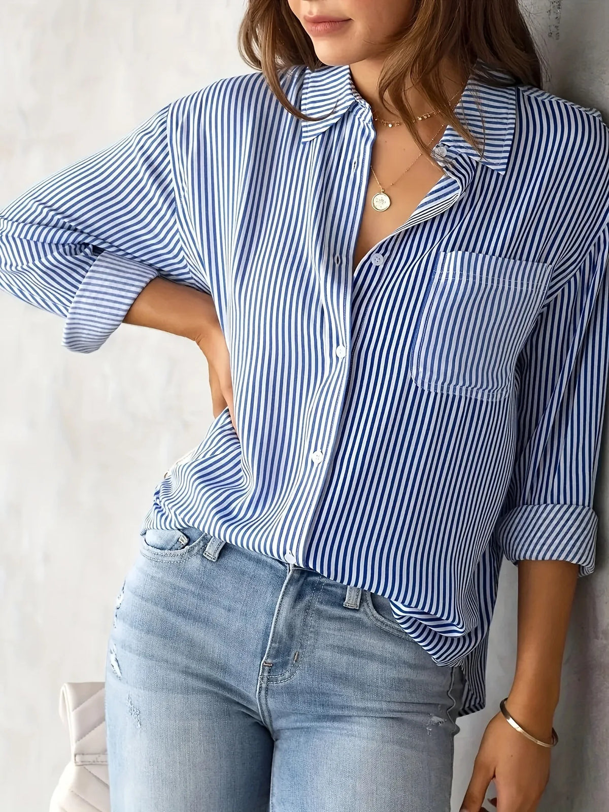 Women Long Sleeve Striped Loose Shirt Office Lady Elegant Turn Down Collar Harajuku Blouse Casual Lapel Tops Female Clothes